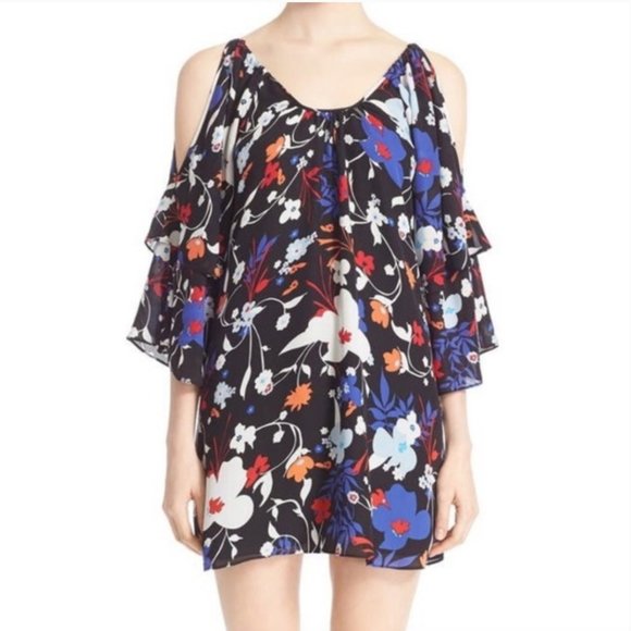 Parker Silk Mini Dress - Cold Shoulder - Black Floral - Picture 2 of 13